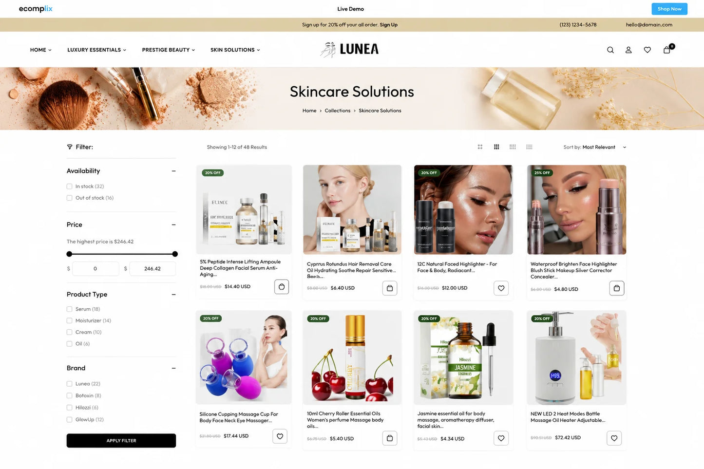 Lunea luxury skincare collection featuring elegant product bottles and packaging on a sleek, modern display.