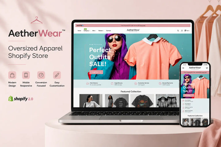 A large, stylish oversized hoodie from AetherWear featured on the Ecomplix Shopify store homepage.