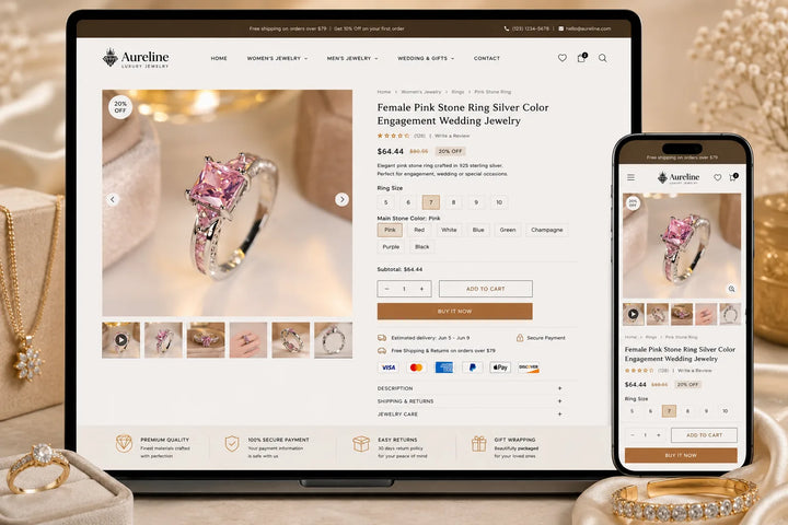 Aureline luxury jewelry Shopify store homepage design featuring elegant product images and a sophisticated layout by Ecomplix.