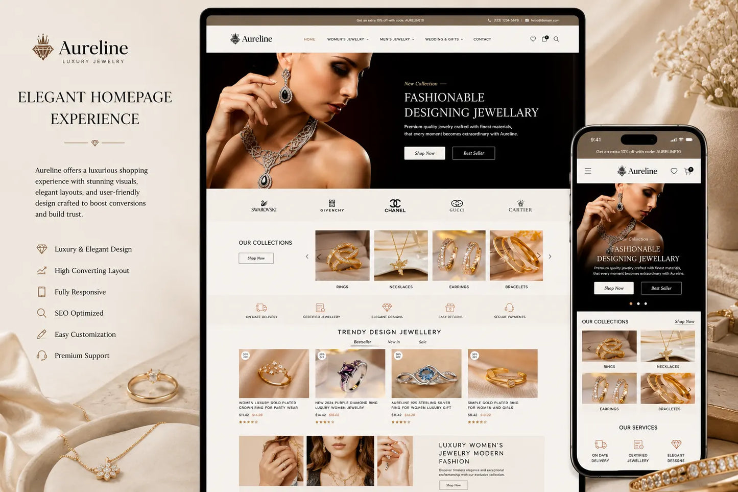 Aureline luxury jewelry Shopify homepage design featuring elegant jewelry displays and a sophisticated online store layout.