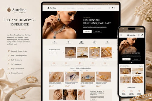 Aureline luxury jewelry Shopify homepage design featuring elegant jewelry displays and a sophisticated online store layout.