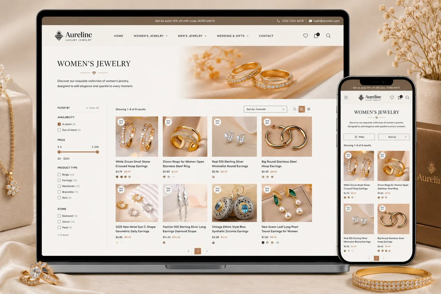 Aureline luxury jewelry collection featuring elegant rings, necklaces, and bracelets from Ecomplix's high-end jewelry line.