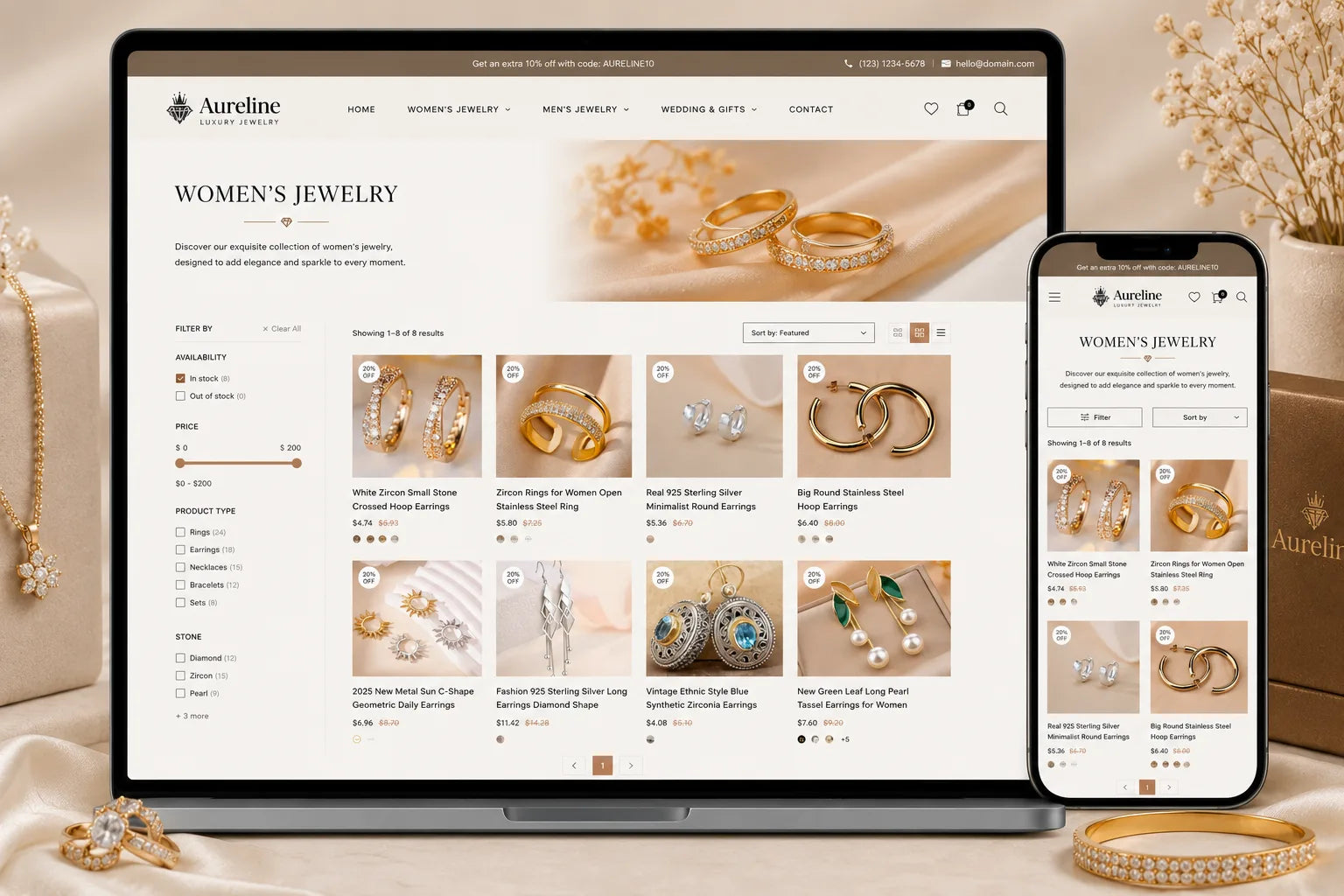 Aureline luxury jewelry collection featuring elegant rings, necklaces, and bracelets from Ecomplix's high-end jewelry line.