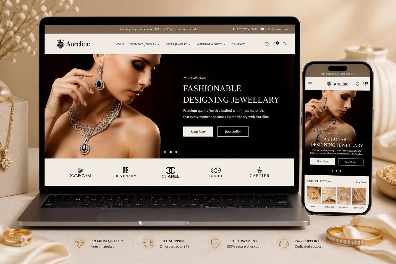 A luxurious jewelry storefront with elegant display showcases and branding for Aureline luxury jewelry Shopify store by Ecomplix.