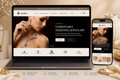 A luxurious jewelry storefront with elegant display showcases and branding for Aureline luxury jewelry Shopify store by Ecomplix.