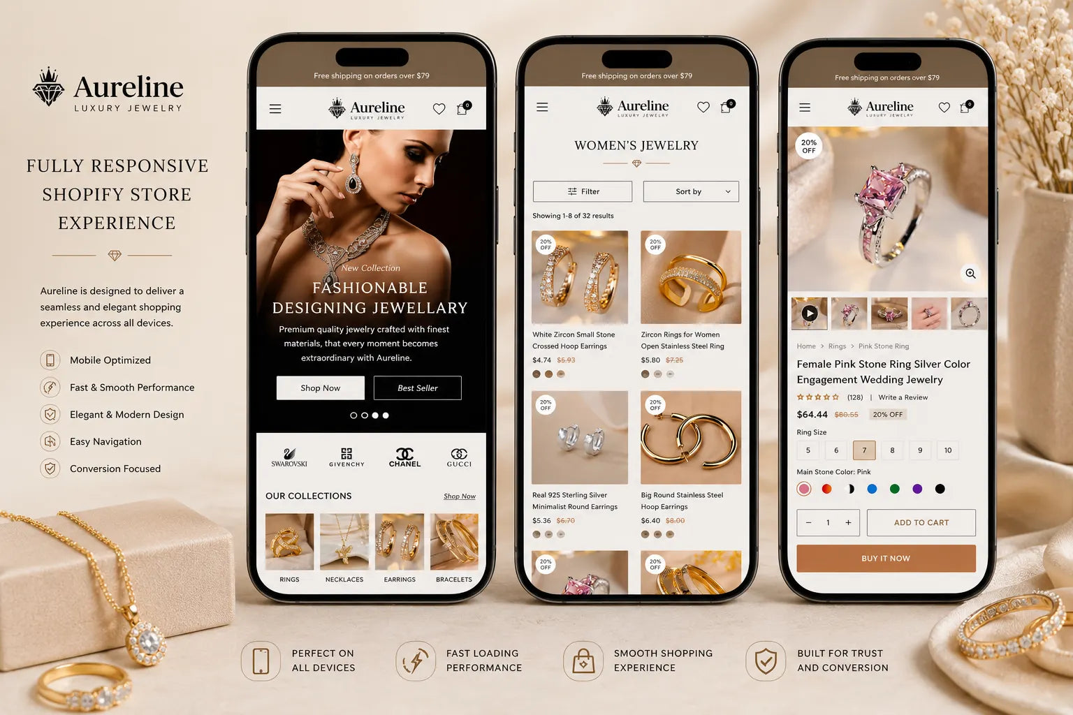 Aureline luxury jewelry Shopify store homepage on mobile, showcasing elegant product images and sleek store design by Ecomplix.