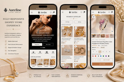 Aureline luxury jewelry Shopify store homepage on mobile, showcasing elegant product images and sleek store design by Ecomplix.