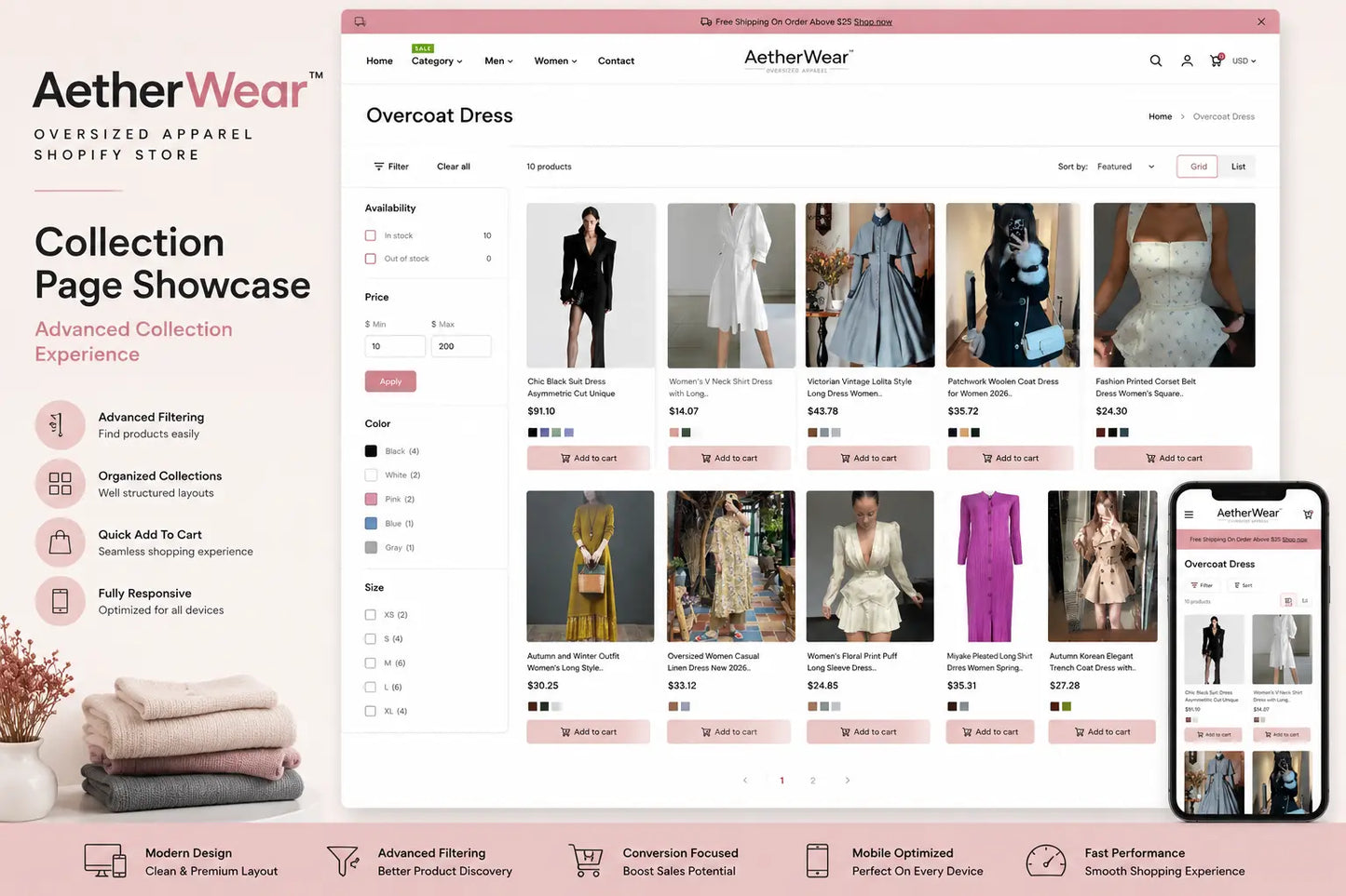 Modern oversized apparel display featuring stylish Ecomplix fashion from the AetherWear collection on a Shopify store page.