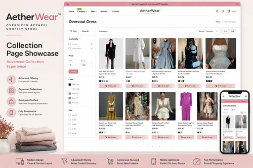 Modern oversized apparel display featuring stylish Ecomplix fashion from the AetherWear collection on a Shopify store page.