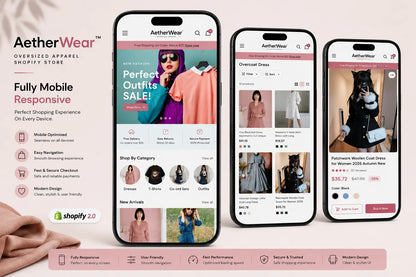 Fully responsive fashion Shopify store design for AetherWear oversized apparel by Ecomplix, showcasing stylish website layout on a mobile device.