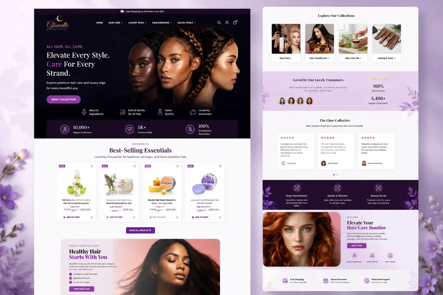 Luxurious Glowelle hair care products displayed on homepage, featuring elegant bottles and packaging by Ecomplix.