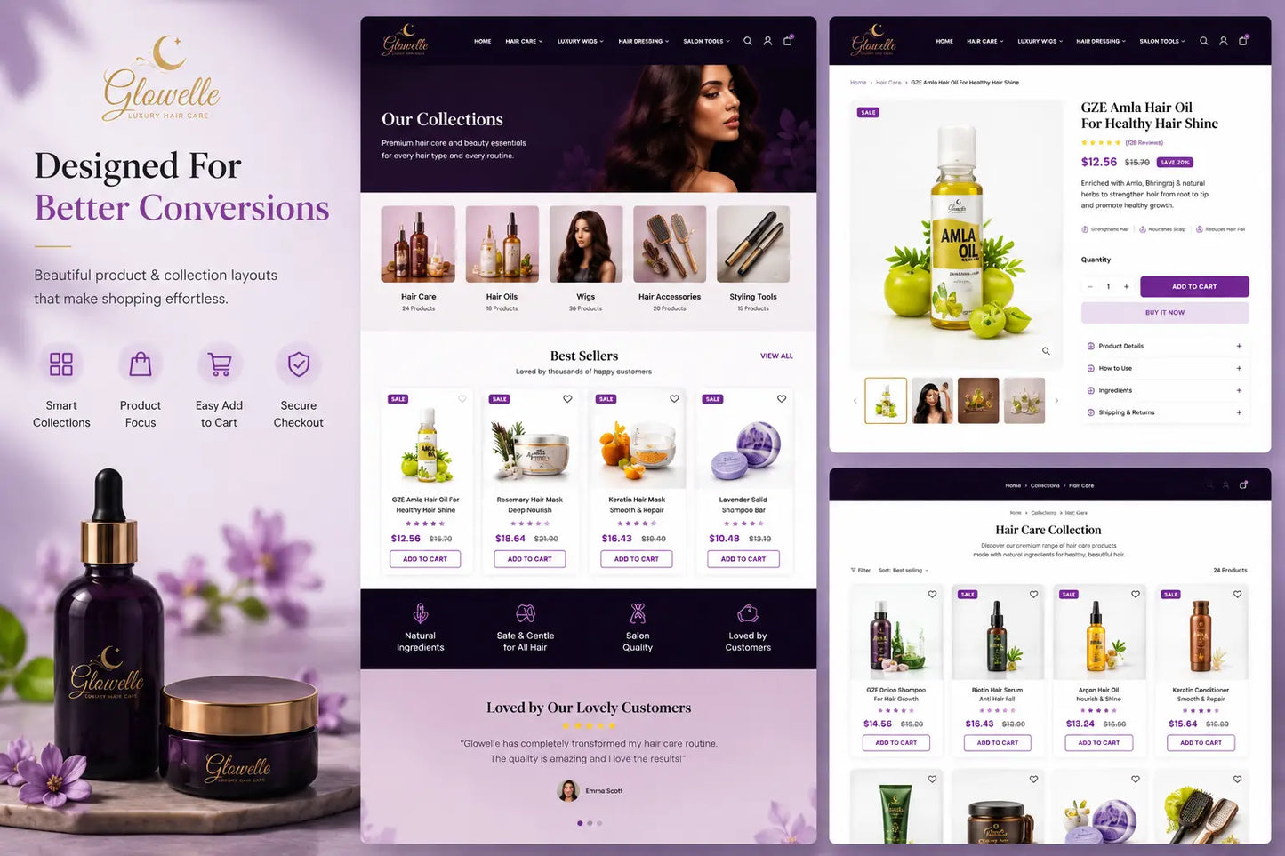 Glowelle luxury hair care products by Ecomplix displayed on a store section webpage, showcasing sleek bottles and elegant packaging.