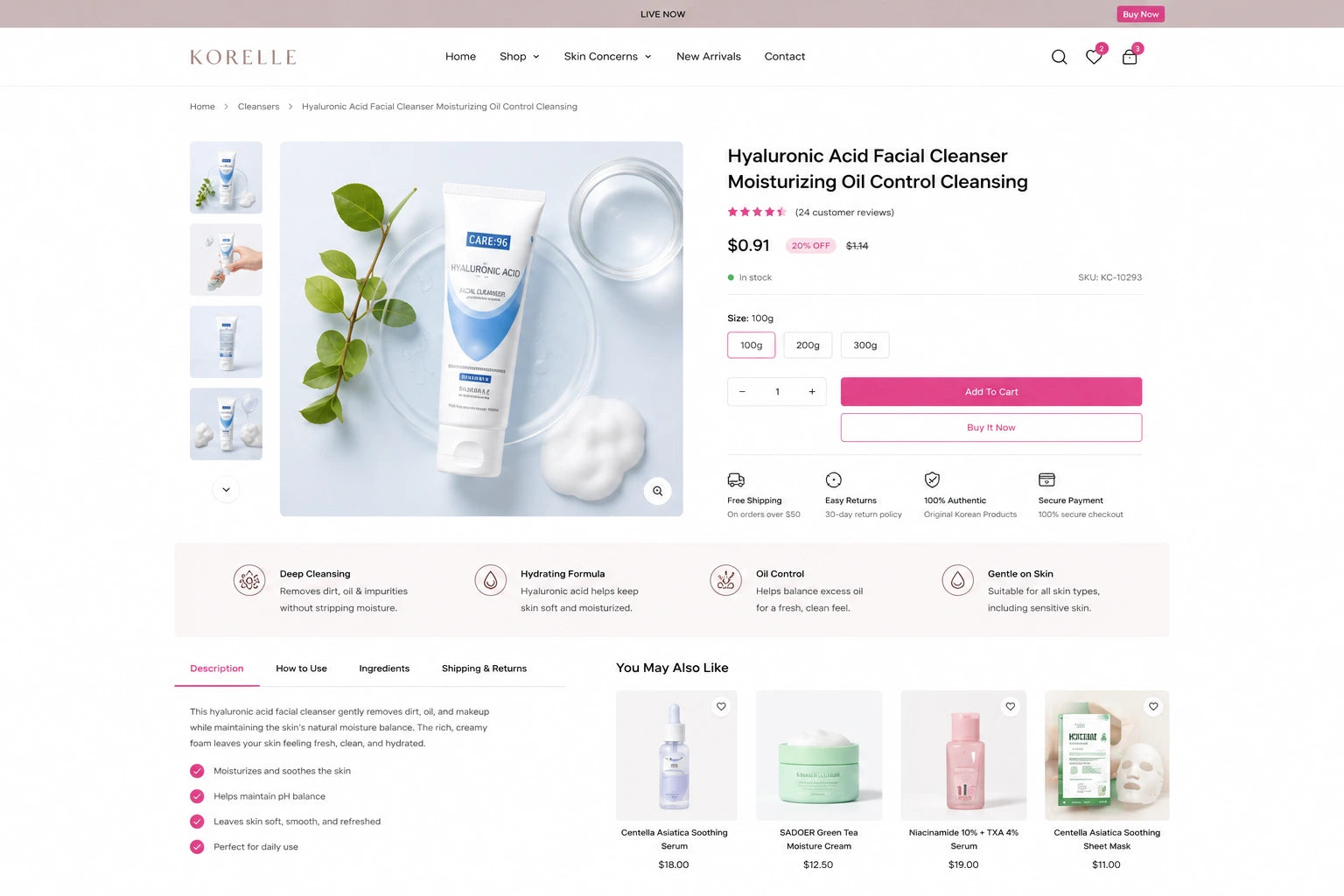 Korelle Korean skincare product displayed on a Shopify store page, showcasing sleek packaging and branding design.