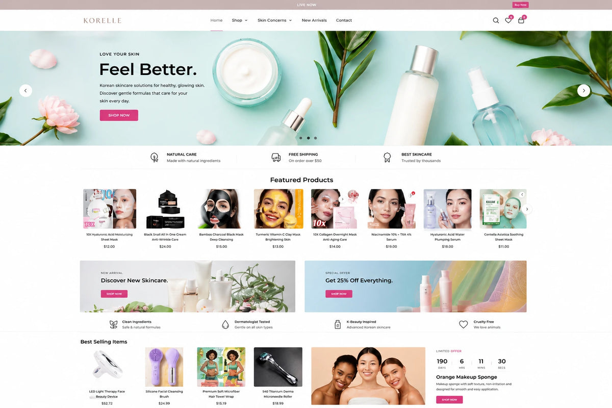 Homepage design for Korelle Korean skincare Shopify store featuring clean layout and branding elements.