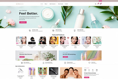 Homepage design for Korelle Korean skincare Shopify store featuring clean layout and branding elements.