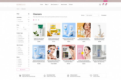 Korelle Korean skincare collection page design featuring clean layout, product images, and branding for Ecomplix skincare line.