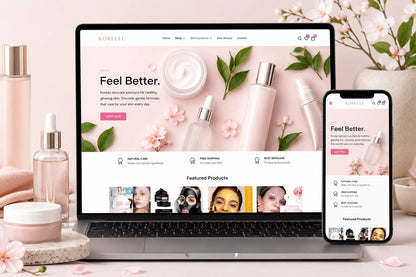 Ecomplix Korelle Korean skincare products displayed on a Shopify store homepage, featuring clean packaging and skincare essentials.