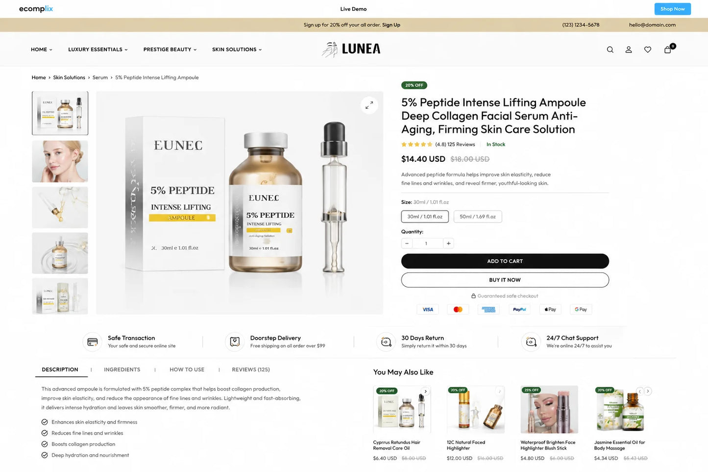 Lunea luxury skincare product by Ecomplix, featuring elegant packaging and skincare formulation on a clean white background.