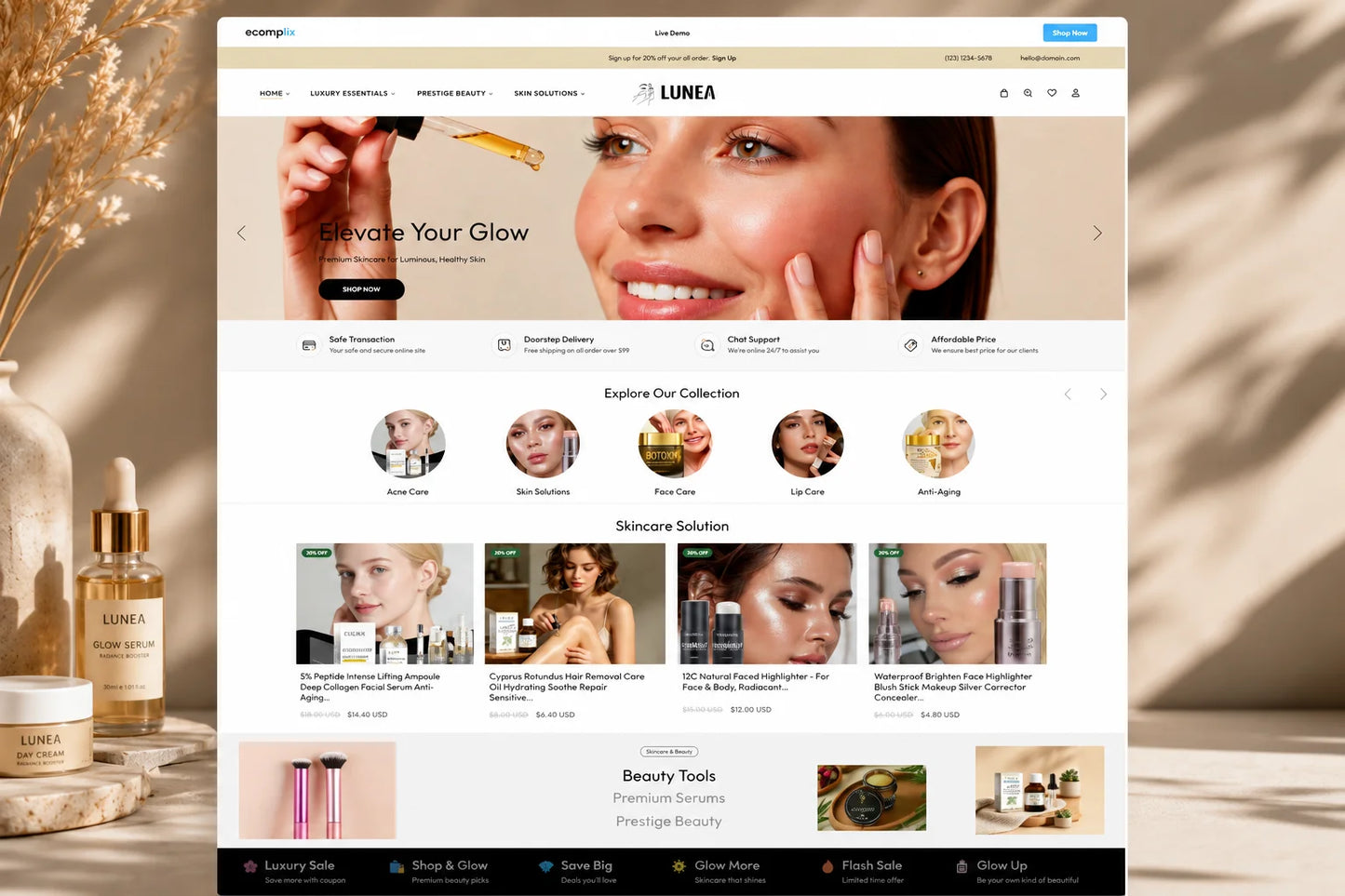 Elegant homepage design for Lunea luxury skincare and beauty products by Ecomplix, showcasing a modern, stylish website layout.