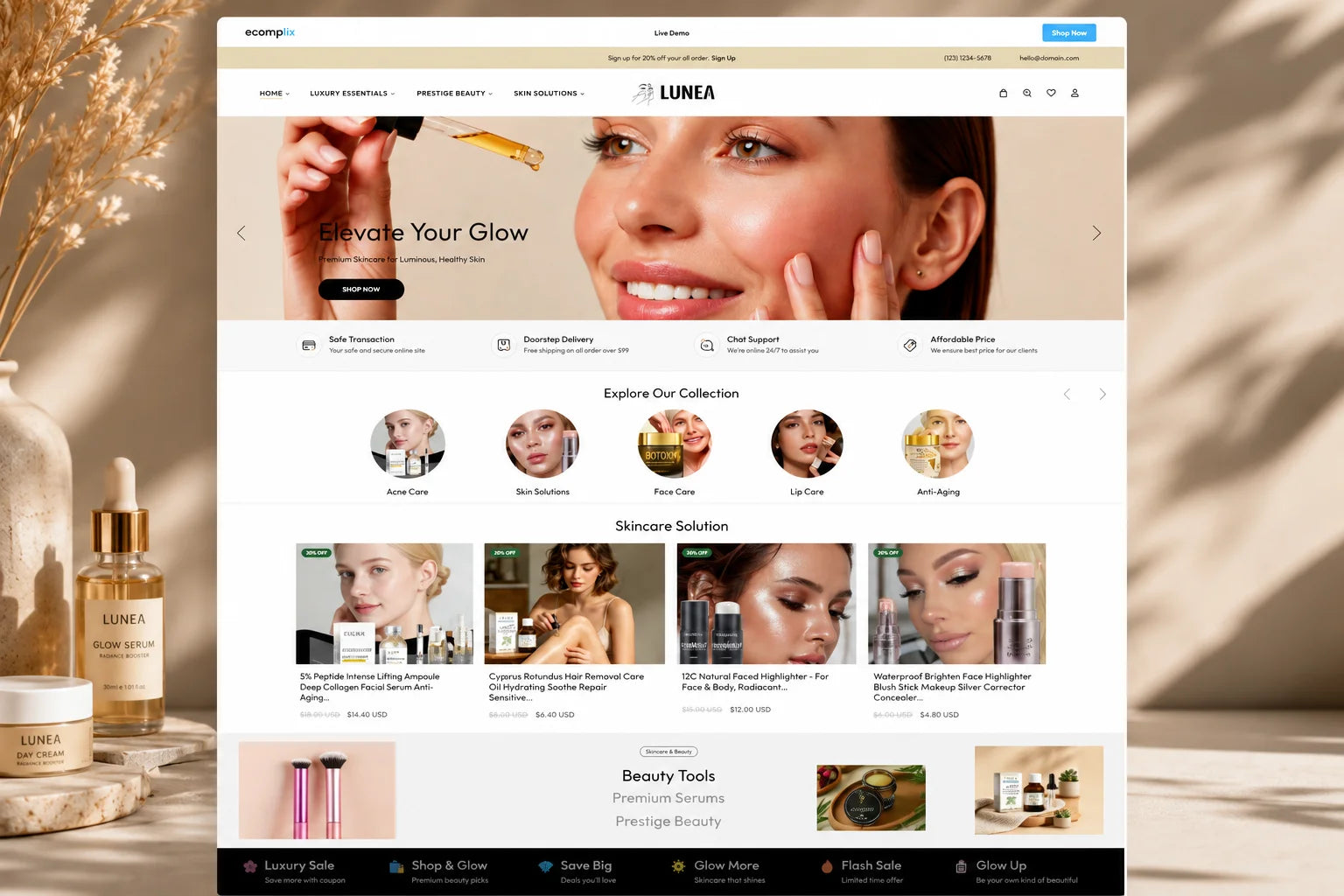 Elegant homepage design for Lunea luxury skincare and beauty products by Ecomplix, showcasing a modern, stylish website layout.