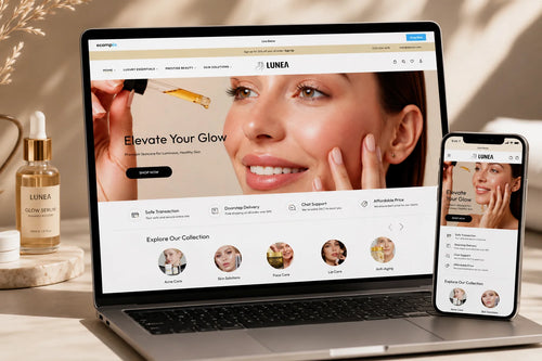 Lunea luxury skincare products displayed on a Shopify store homepage, featuring elegant packaging and beauty essentials.