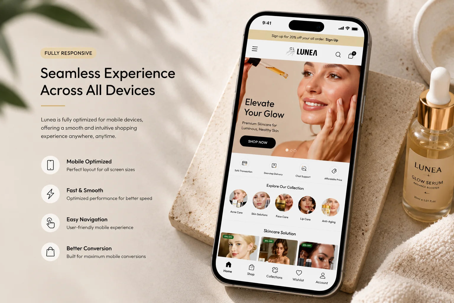 Mobile responsive beauty Shopify store homepage for Lunea luxury skincare and beauty products by Ecomplix.