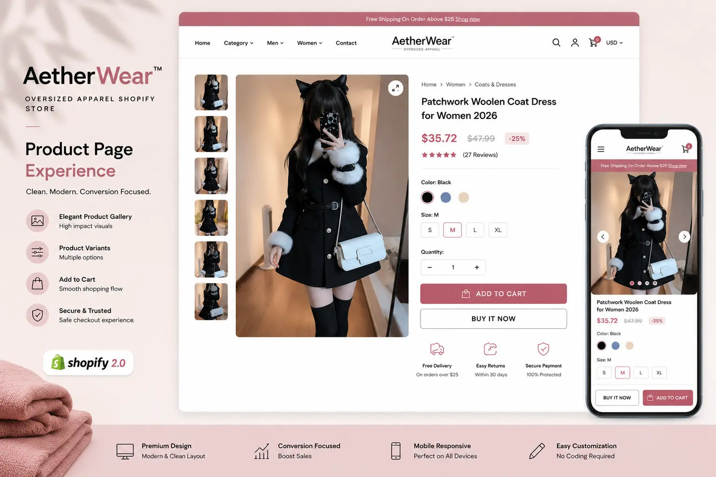 Modern oversized apparel display on Shopify product page with clean design and stylish clothing from Ecomplix's AetherWear collection.