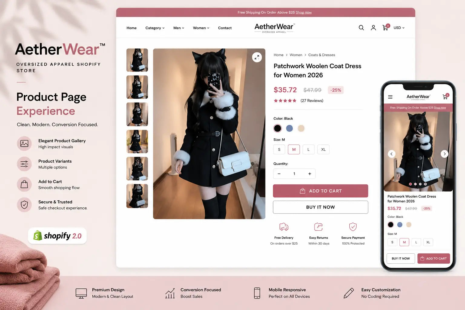 Modern oversized apparel display on Shopify product page with clean design and stylish clothing from Ecomplix's AetherWear collection.