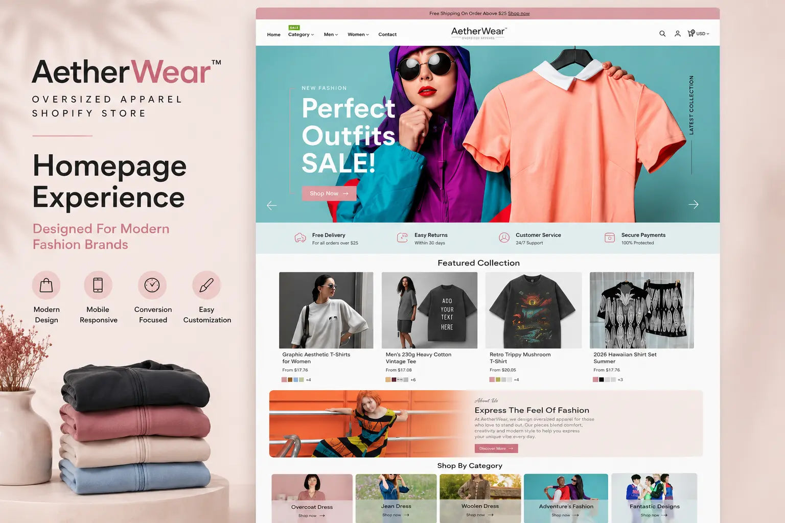 Modern fashion homepage design showcasing oversized apparel from Ecomplix's AetherWear Shopify store, featuring stylish clothing displays.