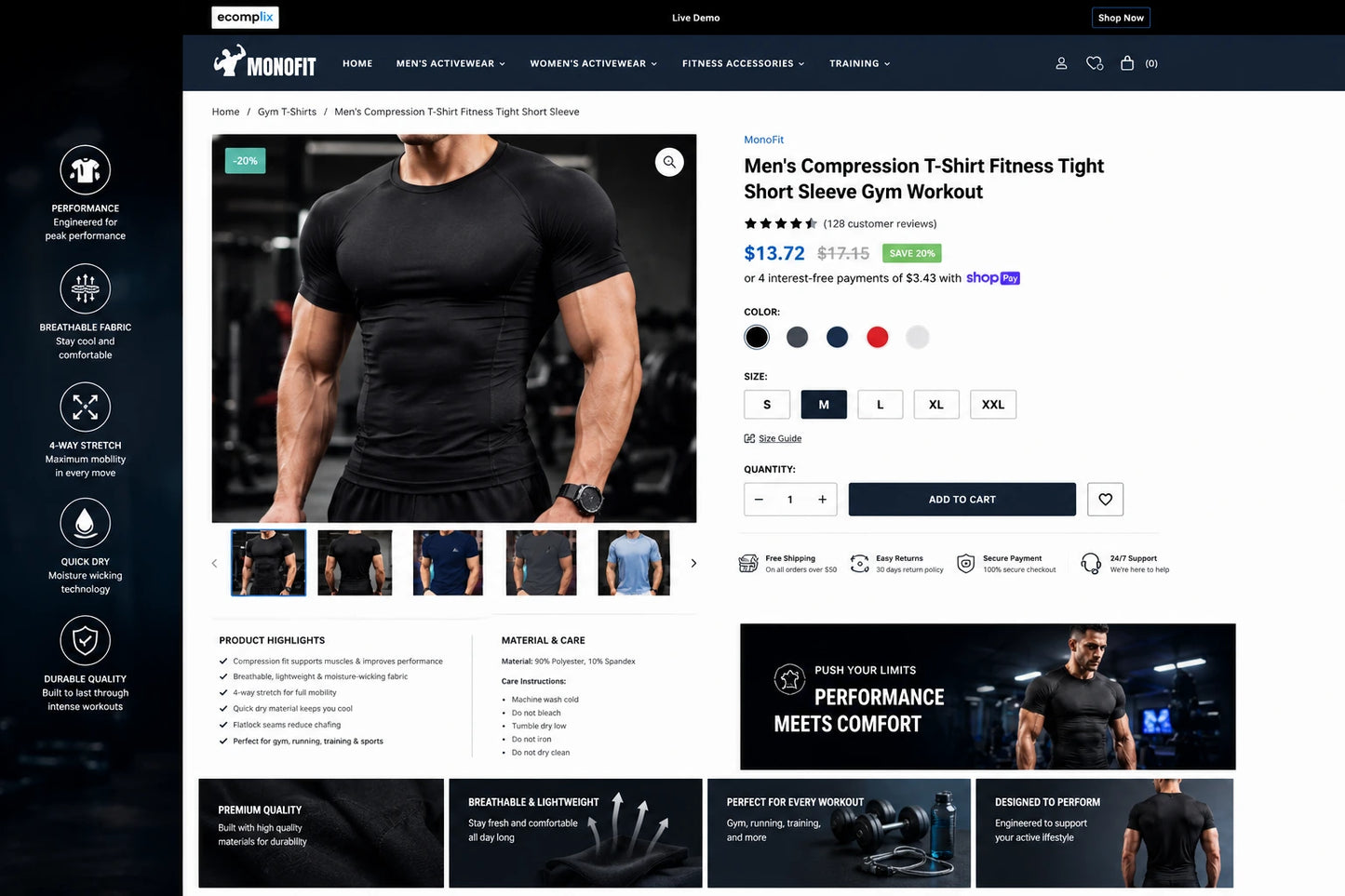 Image of MonoFit activewear display featuring gym and workout clothing by Ecomplix on the product page.