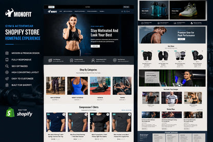 Homepage of MonoFit gym and activewear Shopify store by Ecomplix, featuring fitness apparel and modern store design.