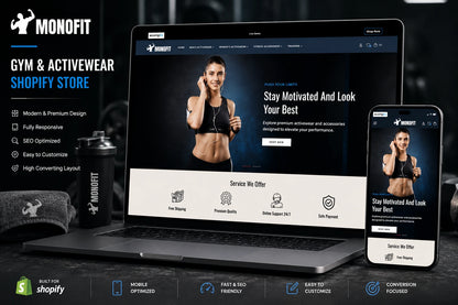 Hero image of MonoFit gym and activewear Shopify store by Ecomplix, showcasing athletic clothing and activewear on a clean website layout.