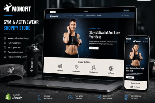 Hero image of MonoFit gym and activewear Shopify store by Ecomplix, showcasing athletic clothing and activewear on a clean website layout.
