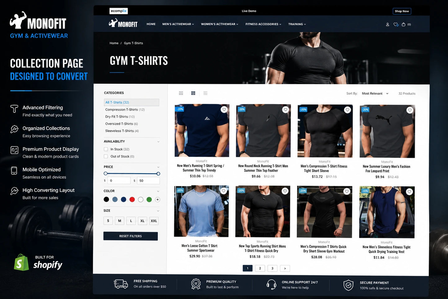 Image of MonoFit gym and activewear collection page design for Ecomplix prebuilt Shopify store, showcasing athletic apparel layout.