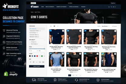 Image of MonoFit gym and activewear collection page design for Ecomplix prebuilt Shopify store, showcasing athletic apparel layout.