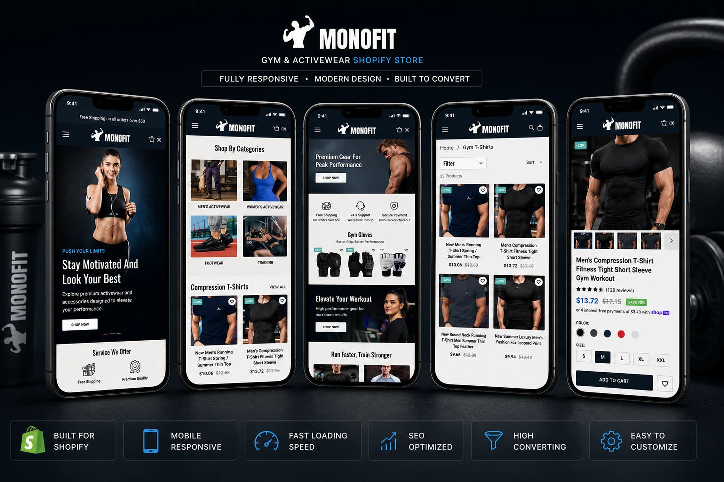 Mobile-responsive MonoFit gym and activewear Shopify store design by Ecomplix featuring clean layout and athletic-themed visuals.