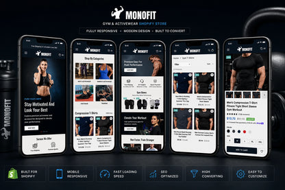 Mobile-responsive MonoFit gym and activewear Shopify store design by Ecomplix featuring clean layout and athletic-themed visuals.
