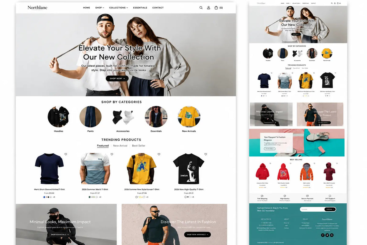 Homepage design for Northlance fashion and apparel Shopify store showcasing modern layout and stylish clothing images.