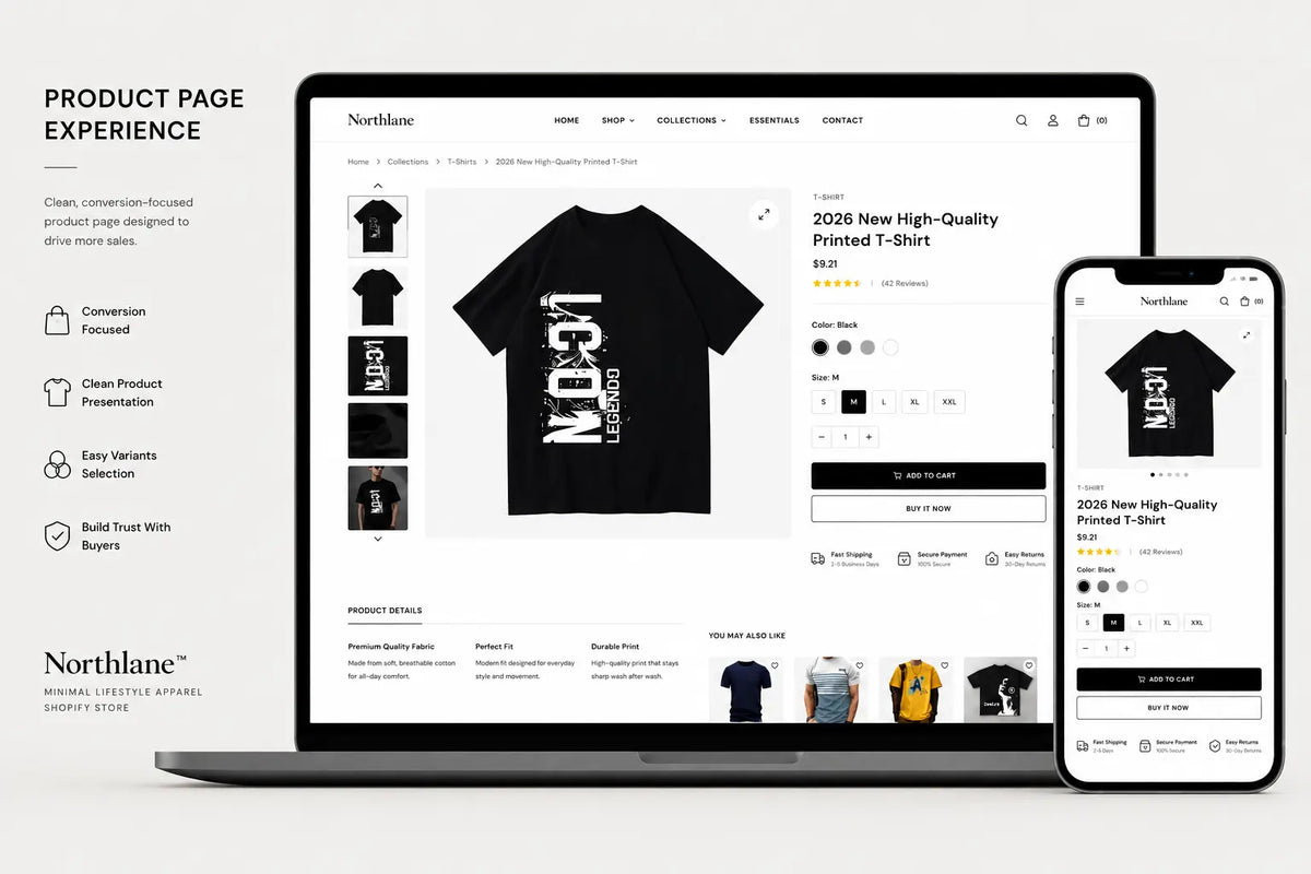 Minimalist apparel product page design featuring clean layout and stylish clothing display for Northlance fashion store by Ecomplix