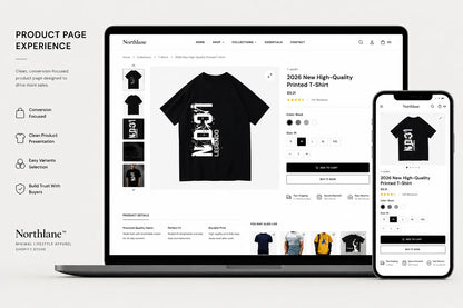 Minimalist apparel product page design featuring clean layout and stylish clothing display for Northlance fashion store by Ecomplix