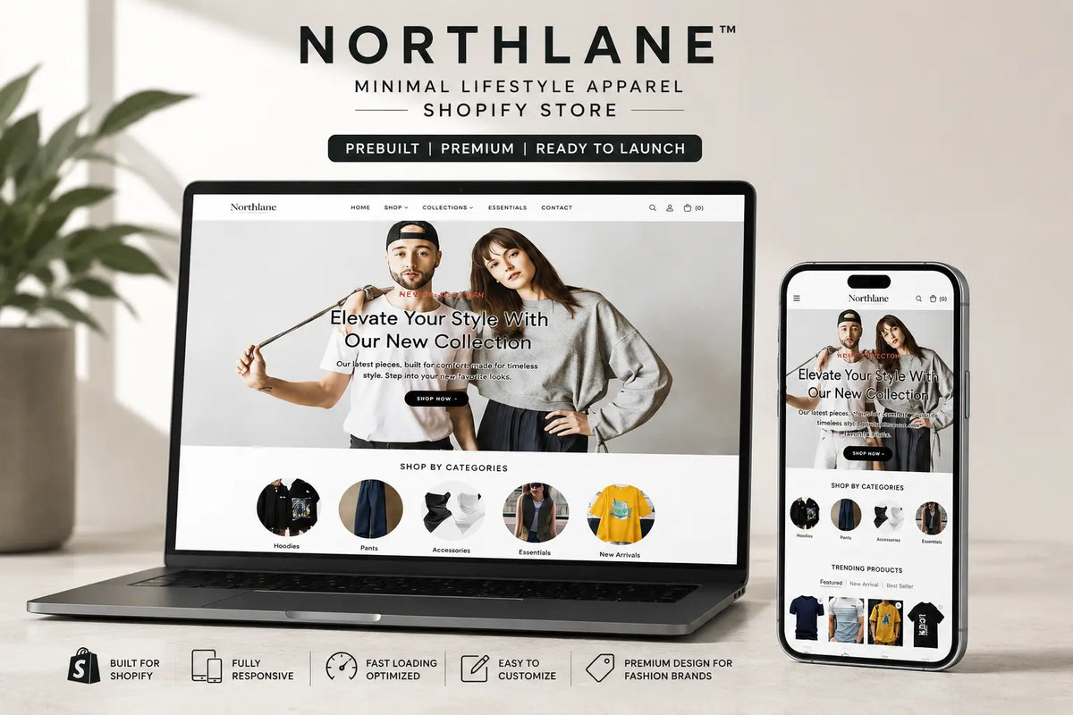 Minimalist lifestyle apparel display featuring stylish clothing from Northlance on a Shopify store by Ecomplix