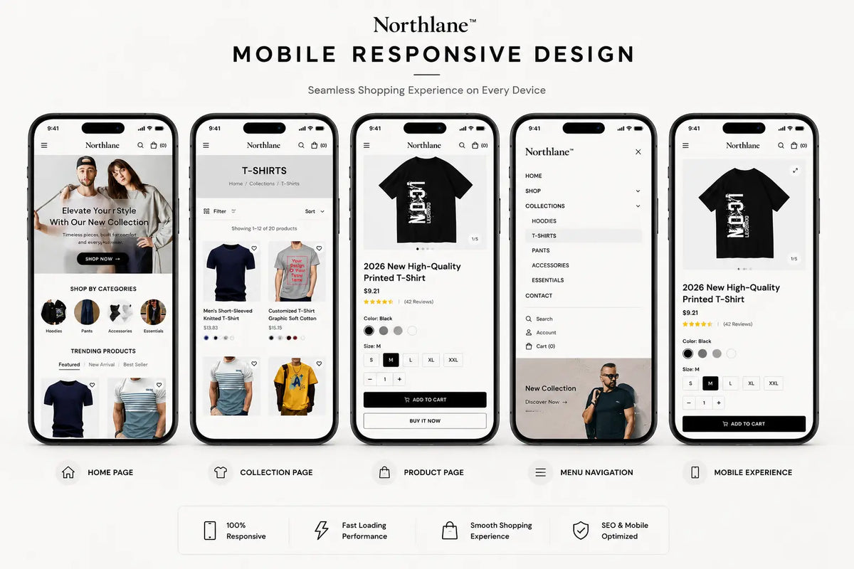 Responsive mobile Shopify store design for Northlance fashion and apparel by Ecomplix, featuring sleek layout and stylish product display.