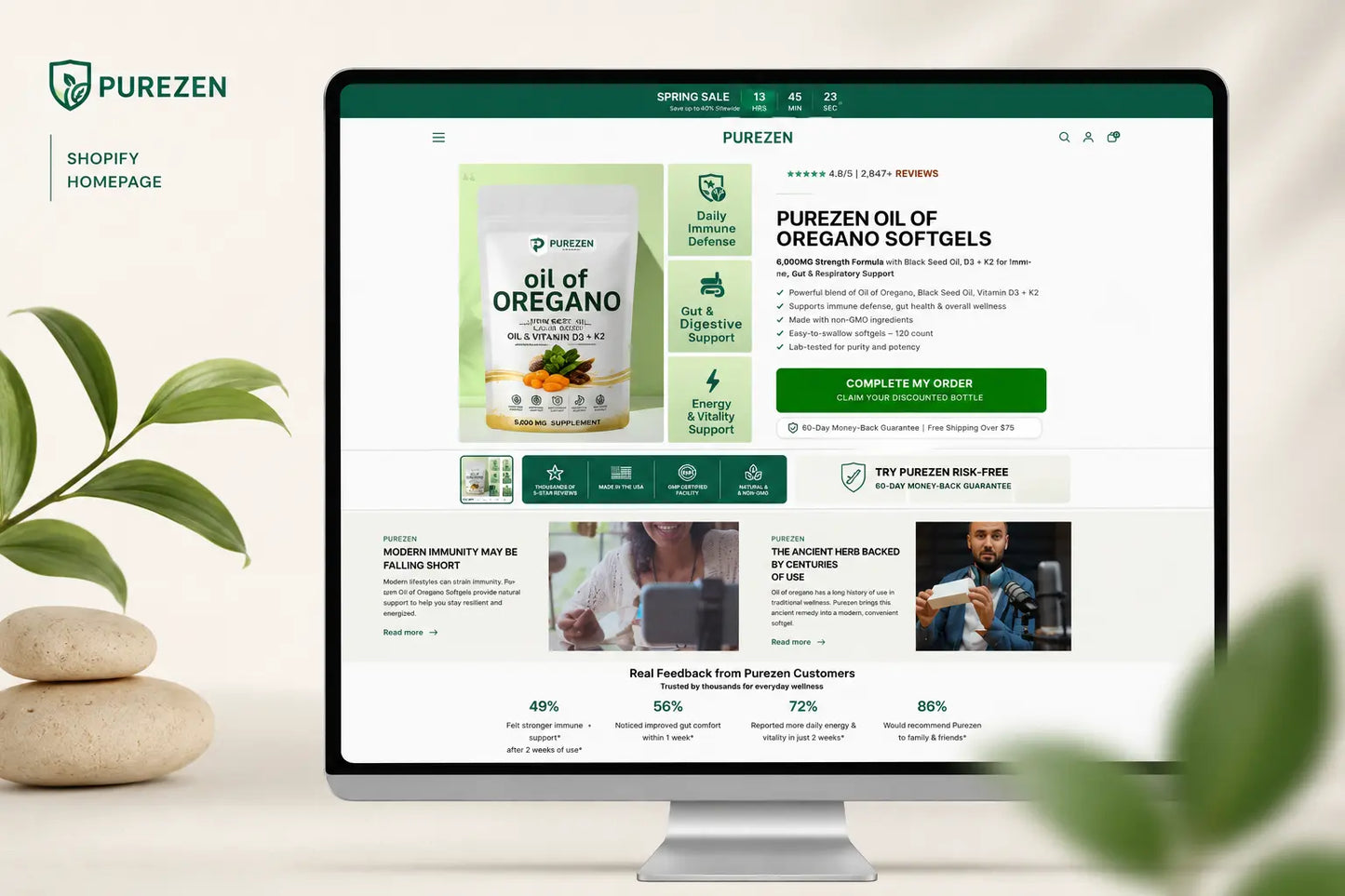 PureZen organic skincare products displayed on a Shopify store homepage featuring natural packaging and wellness branding.