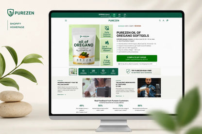 PureZen organic skincare products displayed on a Shopify store homepage featuring natural packaging and wellness branding.