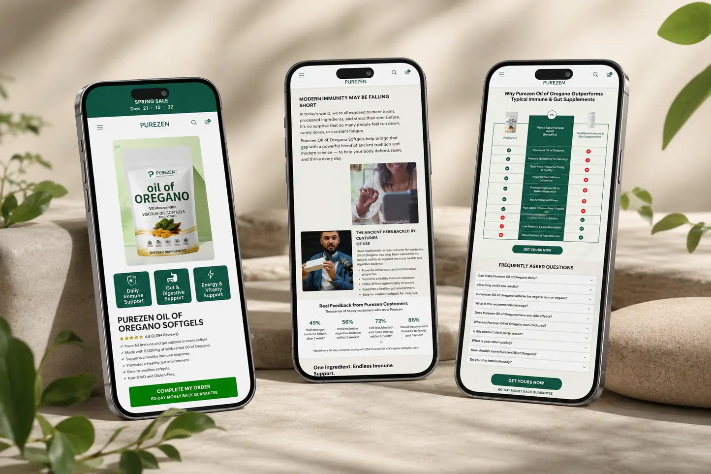 PureZen organic wellness and skincare products displayed on a mobile device, showcasing natural ingredients and eco-friendly packaging.