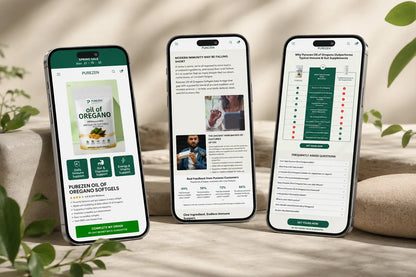 PureZen organic wellness and skincare products displayed on a mobile device, showcasing natural ingredients and eco-friendly packaging.