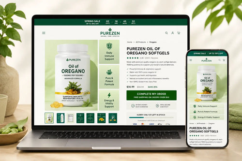 PureZen organic wellness and skincare products displayed in a clean, minimalist setting with natural ingredients and eco-friendly packaging.