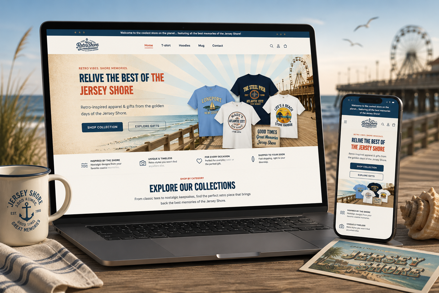 RetroShore Retro Apparel Shopify store header featuring vintage-inspired clothing designs by Ecomplix.