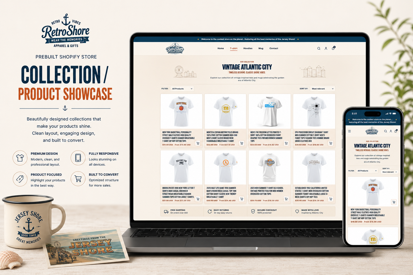 RetroShore Retro Apparel collection page featuring vintage-inspired clothing designs by Ecomplix on Shopify platform.