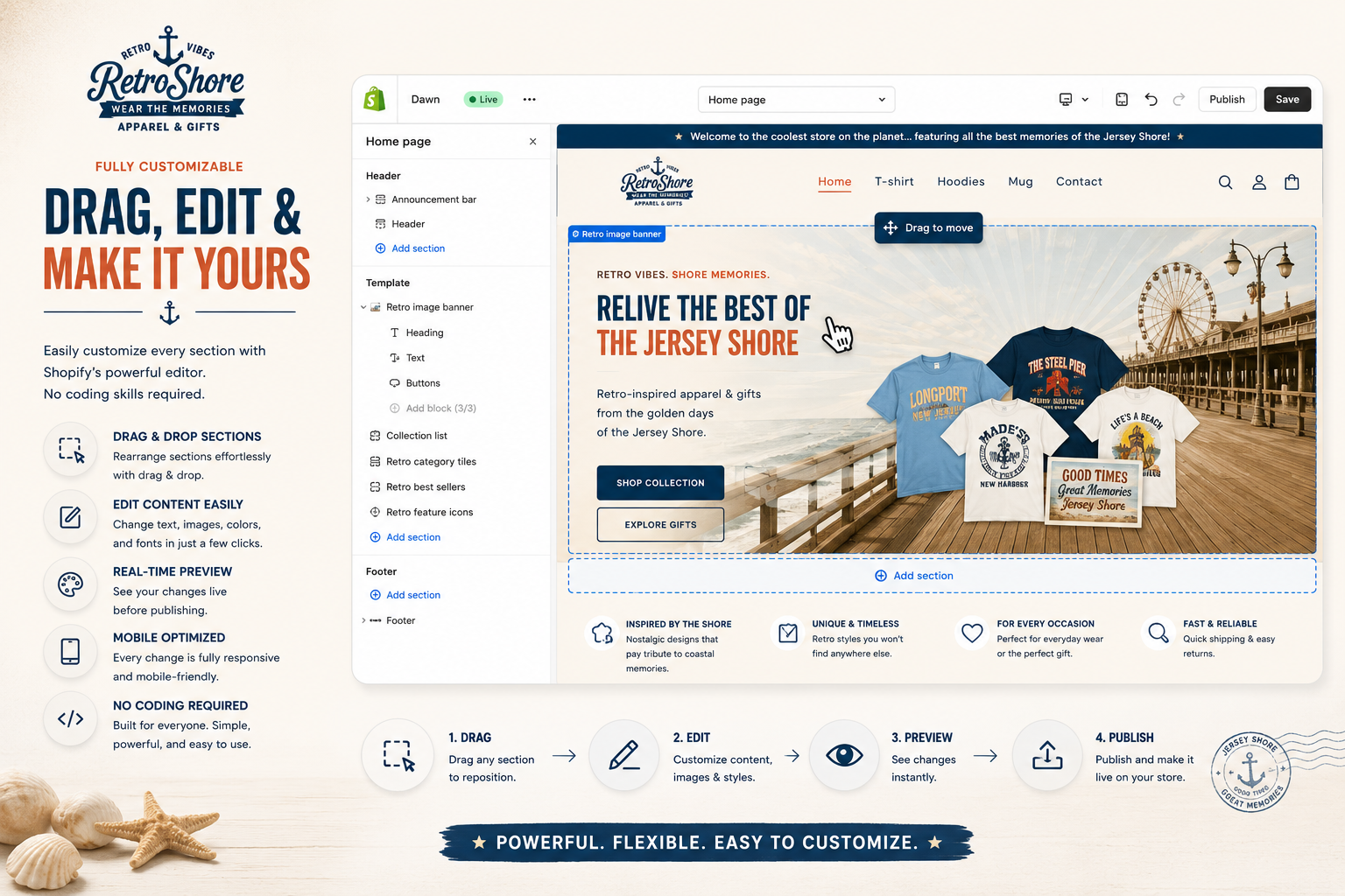 Custom RetroShore Retro Apparel Shopify store design by Ecomplix featuring vibrant retro-themed clothing and branding elements.